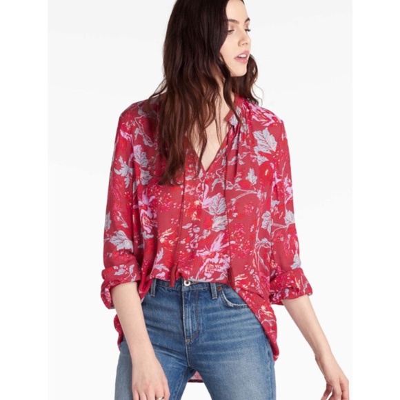 Lucky Brand Tops - Lucky Brand Red Floral Fringe Neck Peasant Blouse